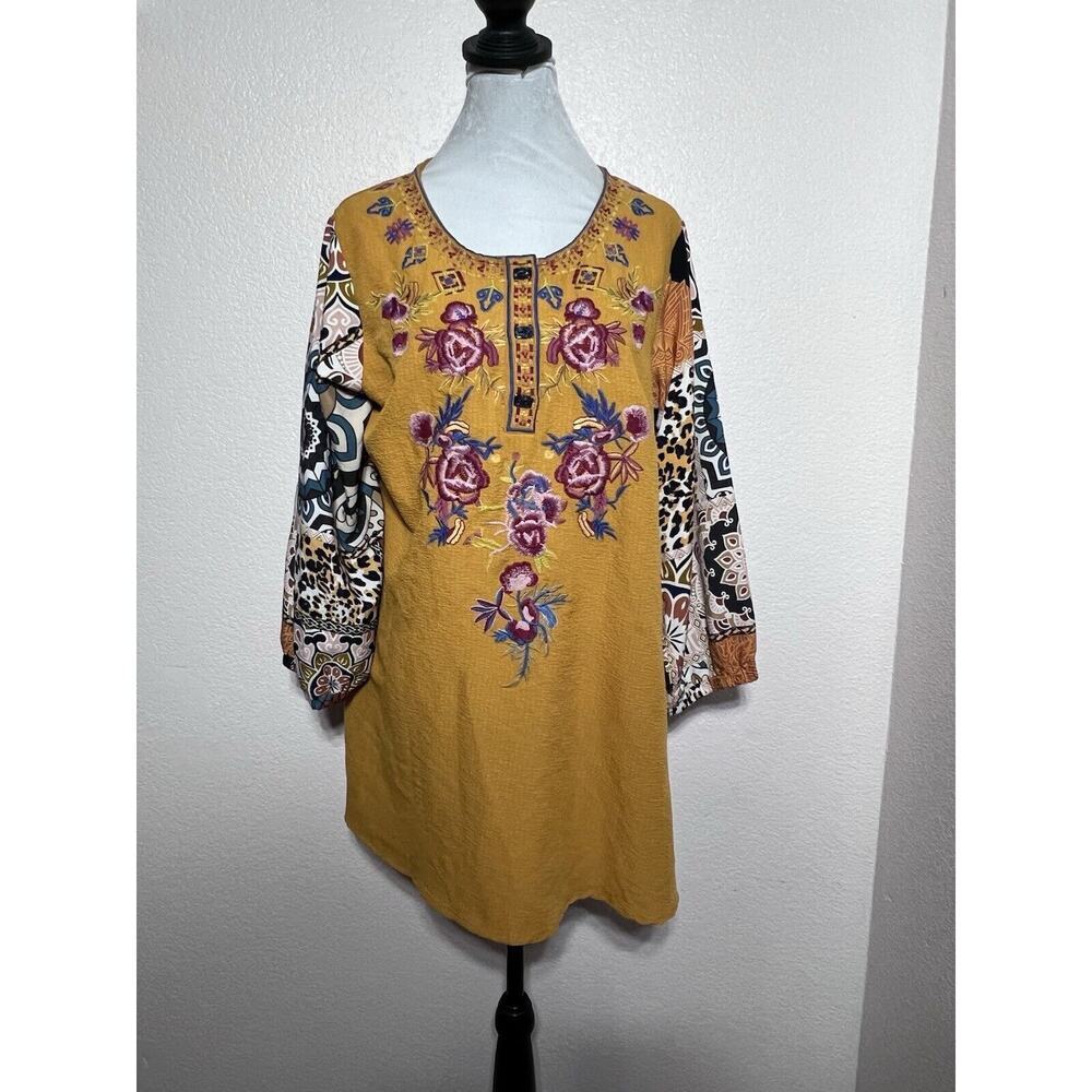Caleoas BOHO Patchwork Blouse Embroidered Floral Buttons Size L Long Sleeve